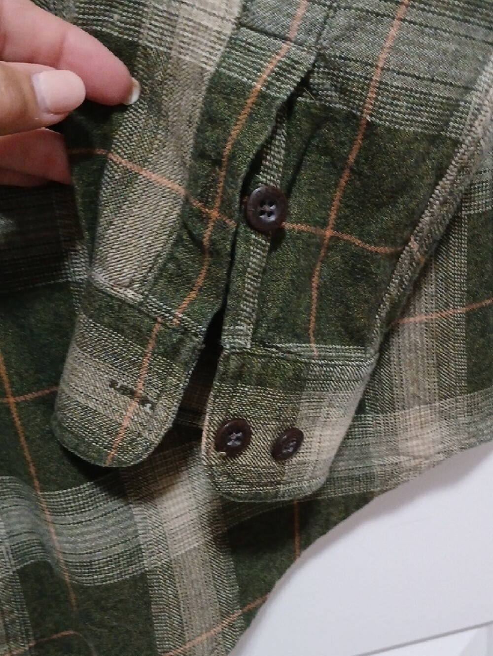 Orvis Olive and Cream Plaid Flannel Shirt with Brown Elbow Patches - Picture 5 of 7